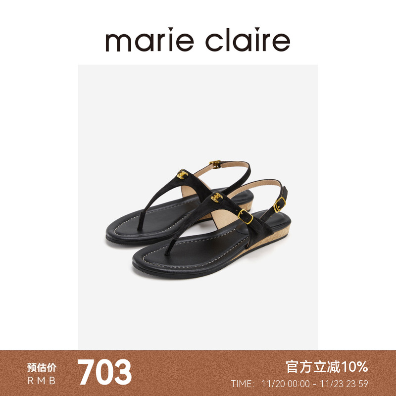 MC女鞋午夜巴黎黑羊猄人字mc扣凉鞋时髦坡跟拖鞋marieclaire女鞋