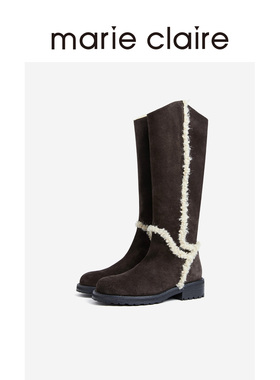 MC女鞋boho毛靴2025年冬季新圆头拼接绒面长筒靴marieclaire女鞋