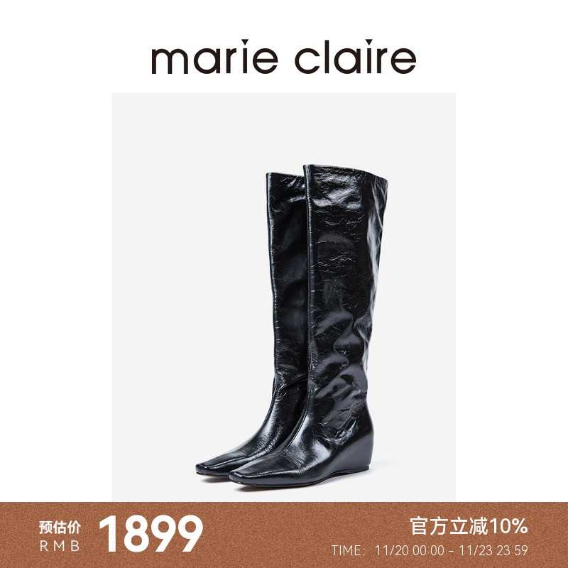 MC女鞋内增高宽筒长靴2025年冬午夜巴黎黑骑士靴marieclaire女鞋