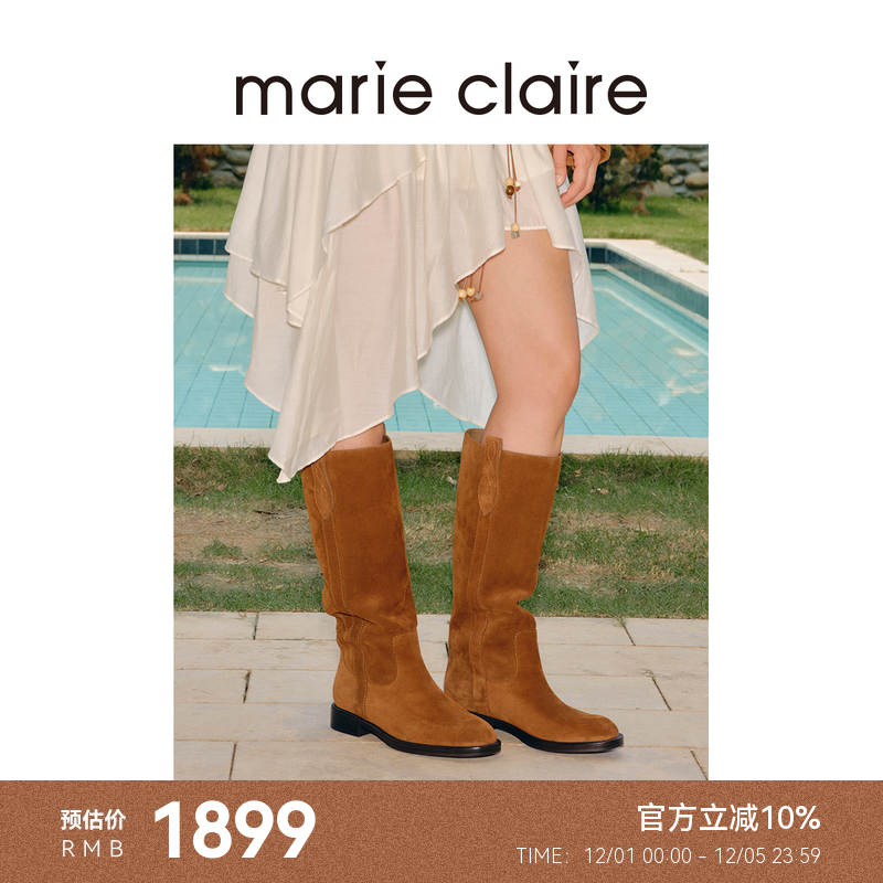 MC女鞋绒面刺绣中靴2025年冬季新款圆头骑士长靴marieclaire女鞋