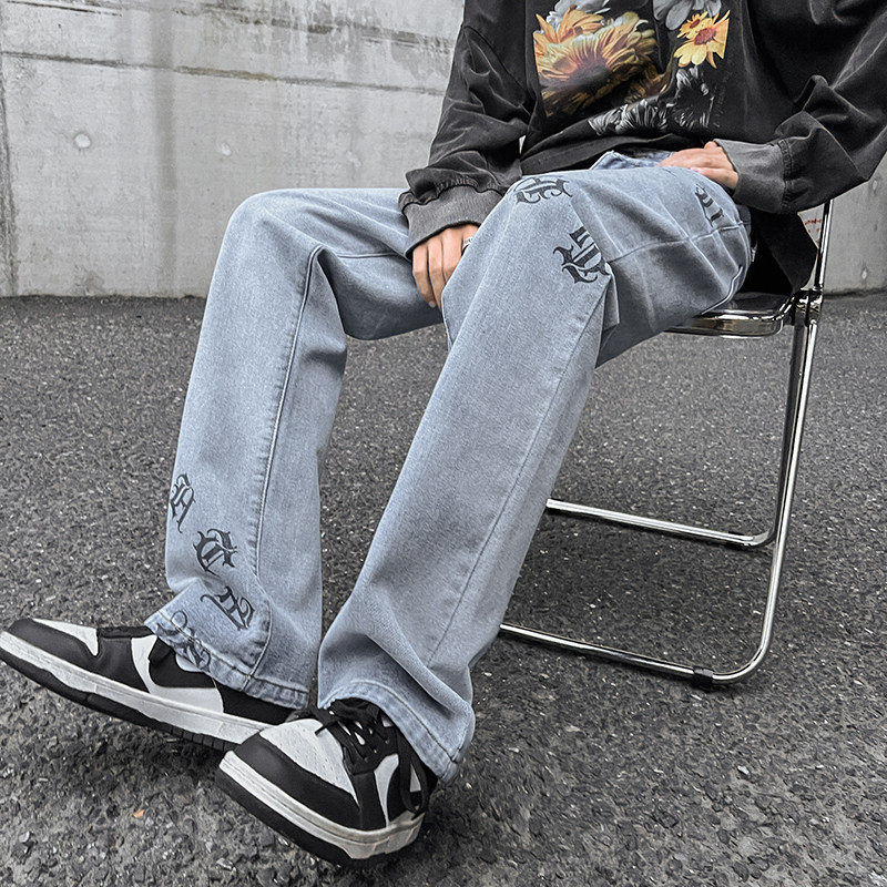 早秋美式高街微喇叭vibe梵文牛仔裤嘻哈宽松百搭休闲裤男K606-P35,男装牛仔裤,星座205