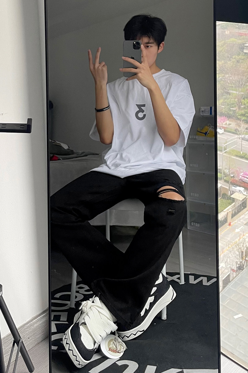 早秋美高街纯黑色弹力修身直筒大码微喇情侣牛仔裤男K860-P50,男装牛仔裤,星座205