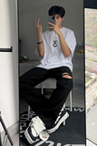 早秋美高街纯黑色弹力修身直筒大码微喇情侣牛仔裤男K860-P50，男装牛仔裤，星座205