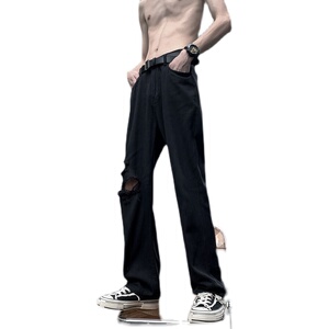 早秋美高街纯黑色弹力修身直筒大码微喇情侣牛仔裤男K860-P50图片