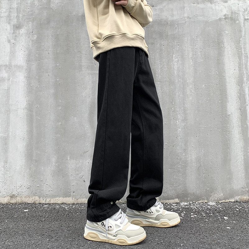 黑色设计款排扣牛仔裤宽松直筒金属扣复古休闲裤男K910-P50,男装牛仔裤,星座205