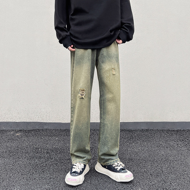 秋冬高街vibe宽松牛仔裤黄泥染直筒休闲裤男K636-P58控78,男装牛仔裤,星座205