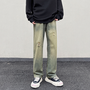 秋冬 高街vibe宽松牛仔裤黄泥染直筒休闲裤男 K636-P58 控78图片