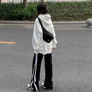 品质重磅宽松直筒休闲条纹卫裤男拼接松紧腰阔腿裤女 K915-P50图片