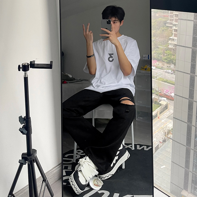 早秋美高街纯黑色弹力修身直筒大码微喇情侣牛仔裤男K860-P50,男装牛仔裤,星座205