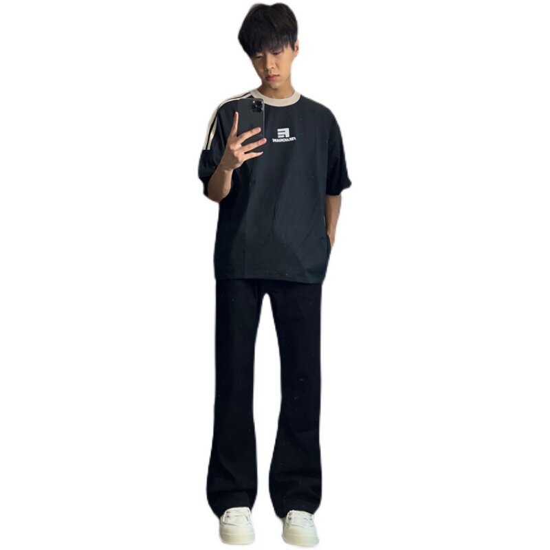 早秋美高街纯黑色弹力修身直筒大码微喇情侣牛仔裤男K860-P50,男装牛仔裤,星座205