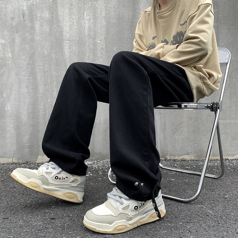 黑色设计款排扣牛仔裤宽松直筒金属扣复古休闲裤男K910-P50,男装牛仔裤,星座205