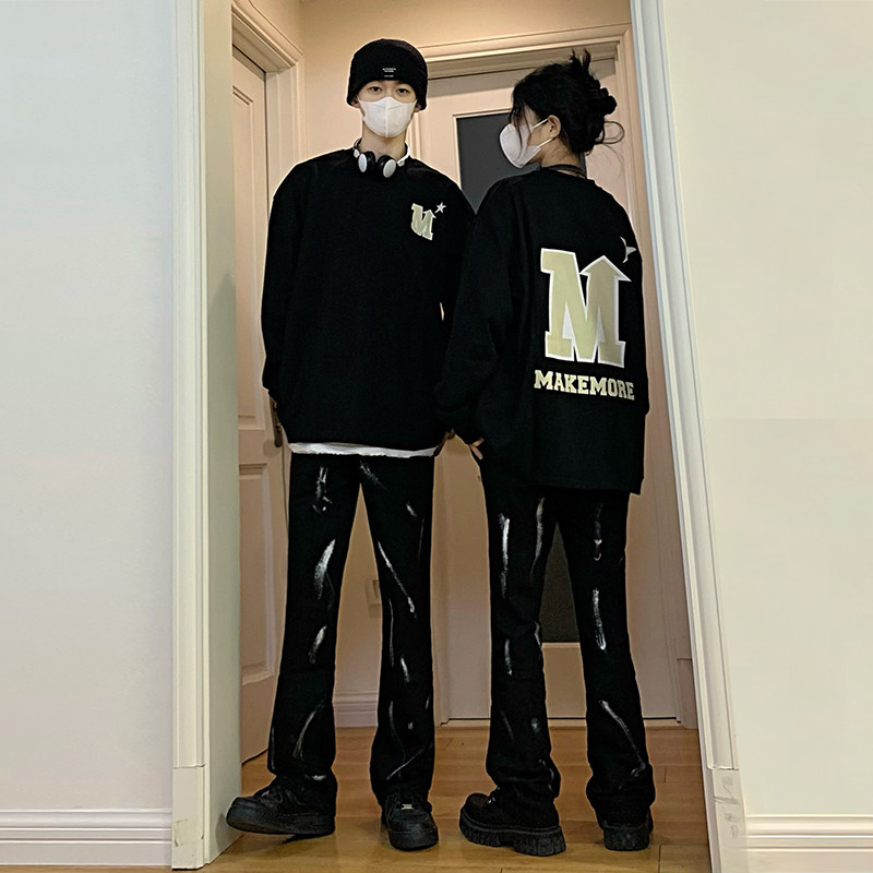 情侣高街美式vibe微喇扎染修身牛仔裤男黑色休闲裤 K883-P55图片