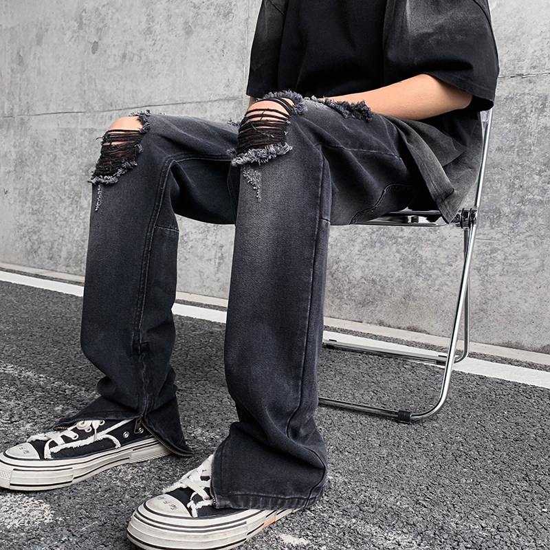 春夏高街vibe修身破洞黄泥染拉链牛仔裤男K822-K823-P55，男装牛仔裤，星座205