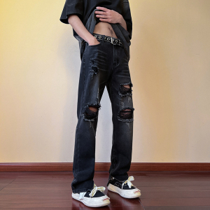 春夏 高街vibe修身破洞黄泥染拉链牛仔裤男 K822-K823-P65 控88图片