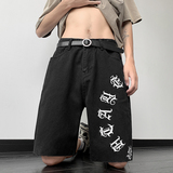 高街欧美涂鸦设计感vibe毛边五分宽松薄款牛仔短裤男K506-P40，男装牛仔裤，星座205