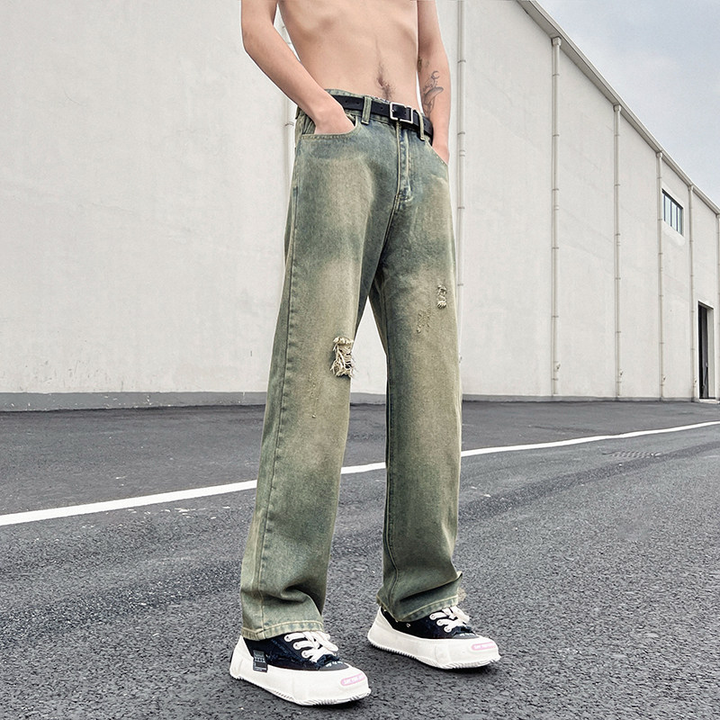 早秋高街vibe宽松牛仔裤黄泥染直筒休闲裤男K636-P58控78,男装牛仔裤,星座205