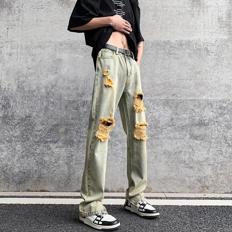 春夏高街vibe修身破洞黄泥染拉链牛仔裤男K822-K823-P55,男装牛仔裤,星座205