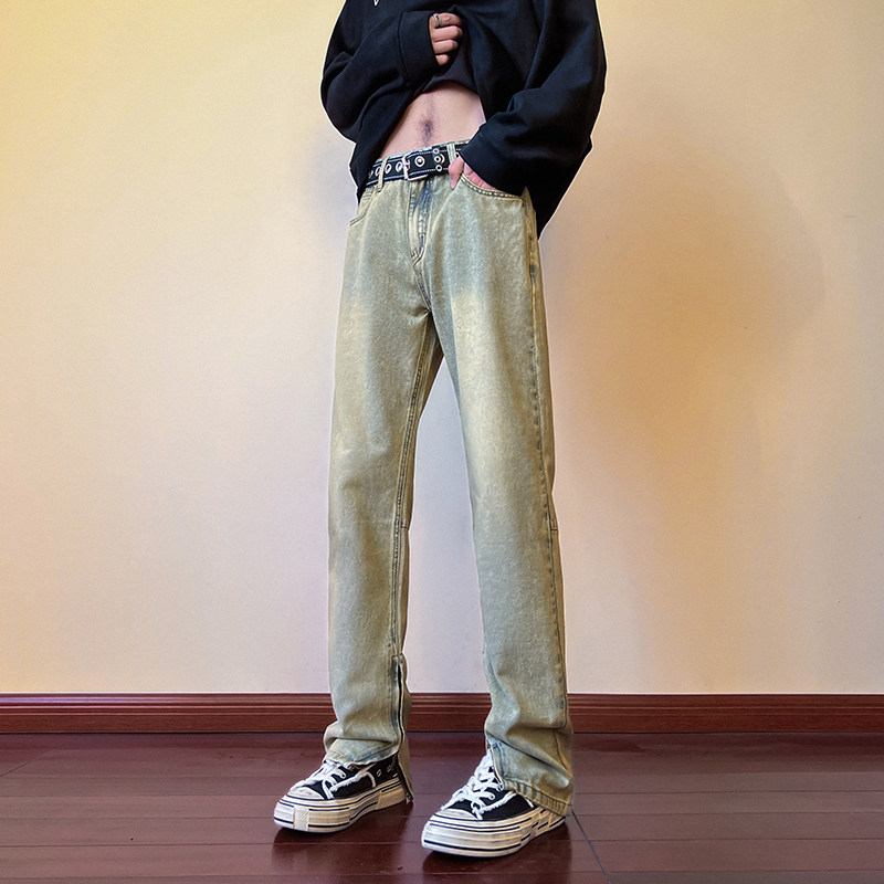 早秋四季高街vibe修身长裤黄泥染拉链牛仔裤男K823-P55,男装牛仔裤,星座205