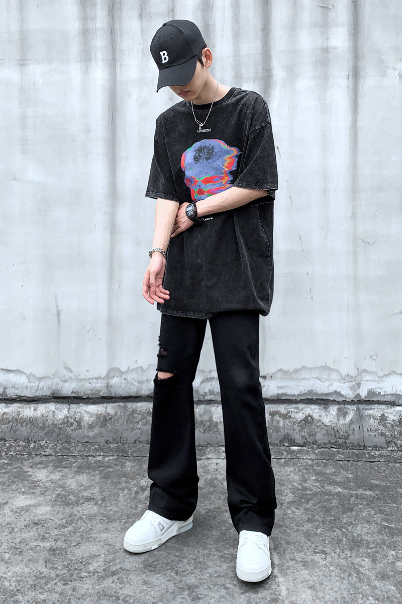 早秋美高街纯黑色弹力修身直筒大码微喇情侣牛仔裤男K860-P55,男装牛仔裤,星座205