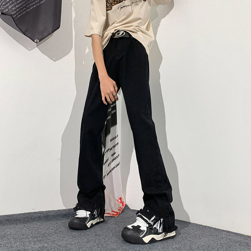 春夏美式vibe裤高街黑色破洞微喇直筒毛边牛仔裤男K890-P55,男装牛仔裤,星座205