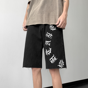 高街欧美涂鸦设计感vibe毛边五分宽松薄款牛仔短裤男K506-P40，男装牛仔裤，星座205