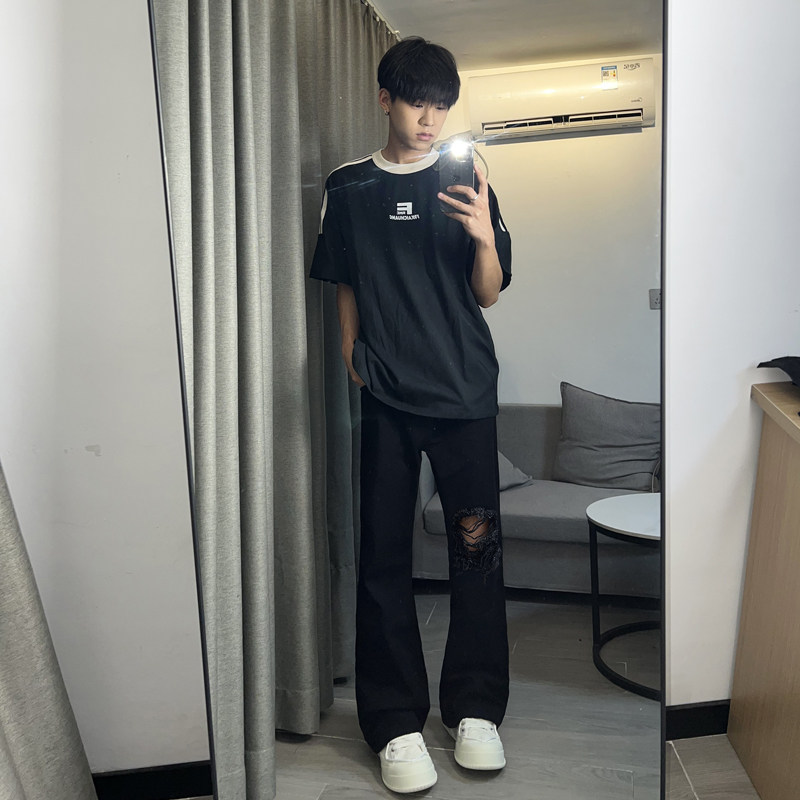 早秋美高街纯黑色弹力修身直筒大码微喇情侣牛仔裤男K860-P50图片