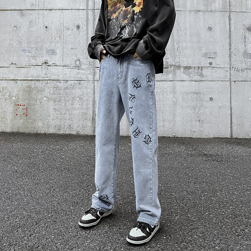 早秋美式高街微喇叭vibe梵文牛仔裤嘻哈宽松百搭休闲裤男K606-P35,男装牛仔裤,星座205