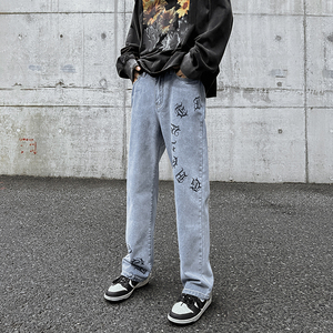 早秋美式高街微喇叭vibe梵文牛仔裤嘻哈宽松百搭休闲裤男K606-P35,白休闲裤怎么搭配衣服和鞋子图片