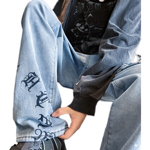 早秋美式高街微喇叭vibe梵文牛仔裤嘻哈宽松百搭休闲裤男K606-P35图片