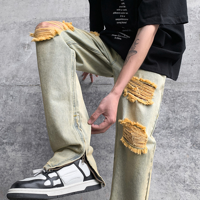 春夏高街vibe修身破洞黄泥染拉链牛仔裤男K822-K823-P55，男装牛仔裤，星座205