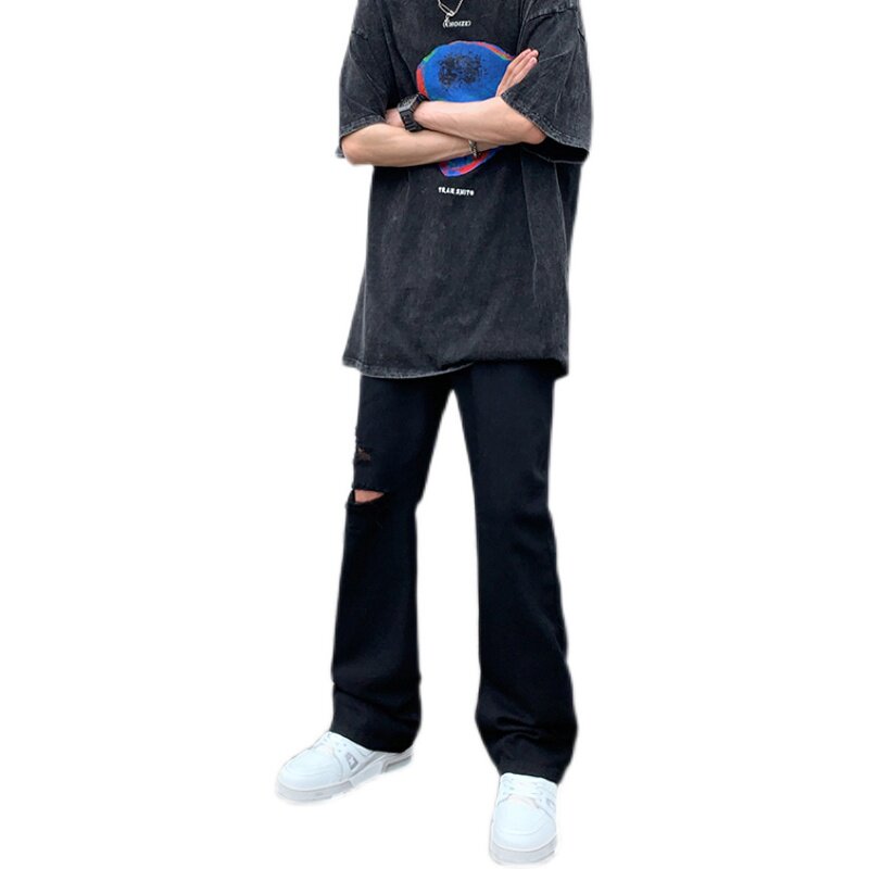 早秋美高街纯黑色弹力修身直筒大码微喇情侣牛仔裤男K860-P50,男装牛仔裤,星座205