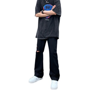 早秋美高街纯黑色弹力修身直筒大码微喇情侣牛仔裤男K860-P50图片