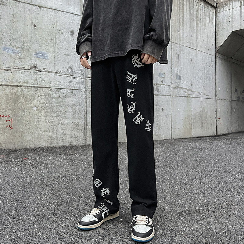 早秋美式高街微喇叭vibe梵文牛仔裤嘻哈宽松百搭休闲裤男K606-P35,男装牛仔裤,星座205