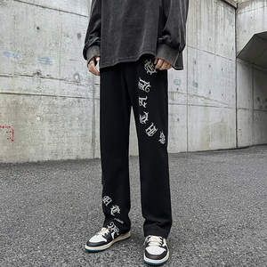 早秋美式高街微喇叭vibe梵文牛仔裤嘻哈宽松百搭休闲裤男K606-P35图片