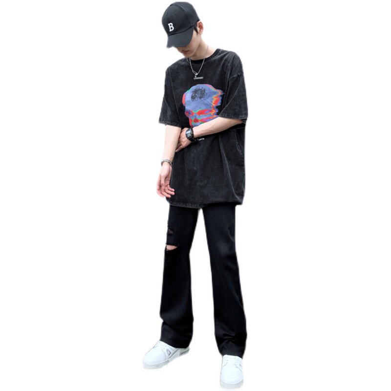 早秋美高街纯黑色弹力修身直筒大码微喇情侣牛仔裤男K860-P50,男装牛仔裤,星座205