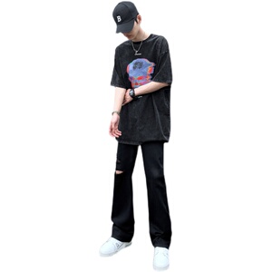 早秋美高街纯黑色弹力修身直筒大码微喇情侣牛仔裤男K860-P50图片