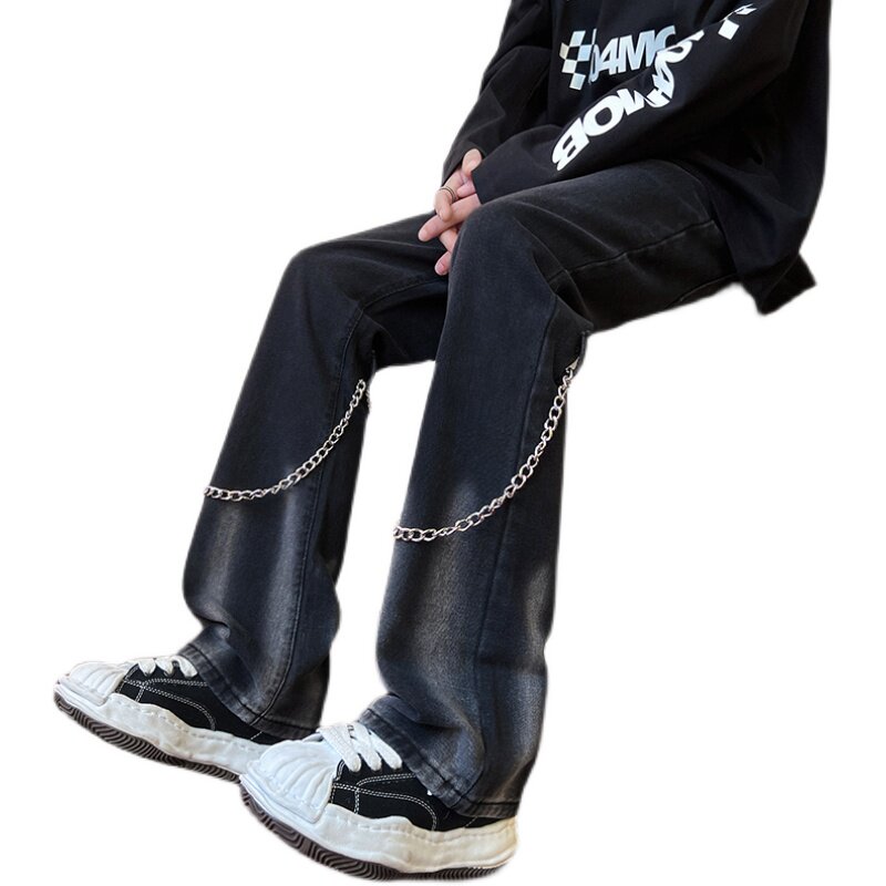 早秋高街vibe黑色扎染设计感链条修身微喇牛仔裤男K880-P55控78,男装牛仔裤,星座205