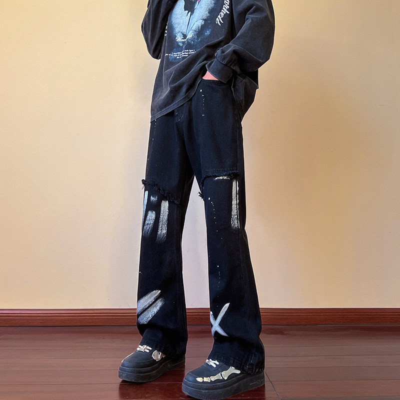 情侣高街美式vibe微喇扎染修身牛仔裤男黑色休闲裤K883-P55,男装牛仔裤,星座205