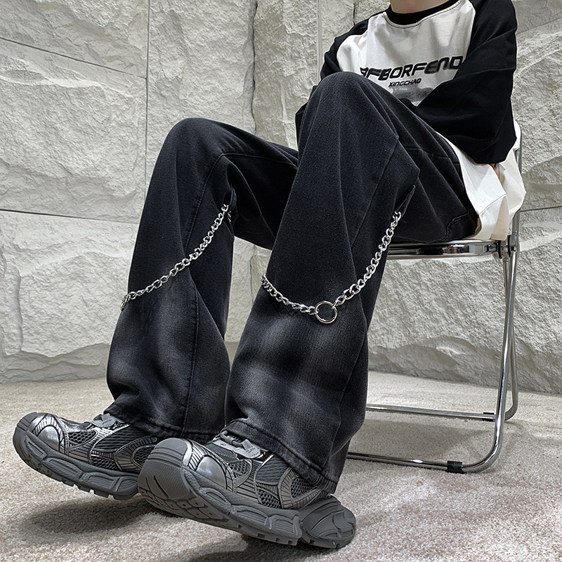 早秋高街vibe黑色扎染设计感链条修身微喇牛仔裤男K880-P55控78,男装牛仔裤,星座205