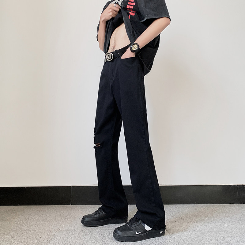 早秋高街弹力黑色微喇修身毛边牛仔裤直筒长裤男K866-P50,男装牛仔裤,星座205