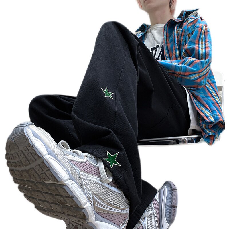 早秋美式高街刺绣五角星微喇叭牛仔裤男宽松牛仔长裤K350-P50,男装牛仔裤,星座205
