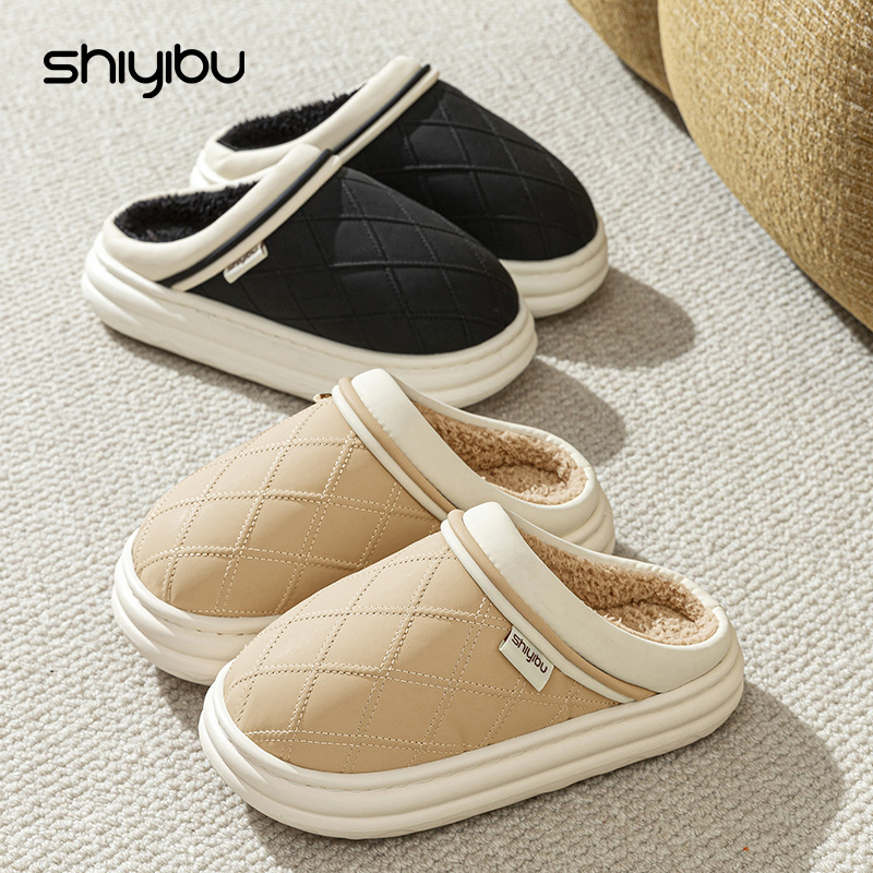 PU防水厚底棉拖鞋冬季新款家居室内防滑毛绒加厚保暖棉鞋