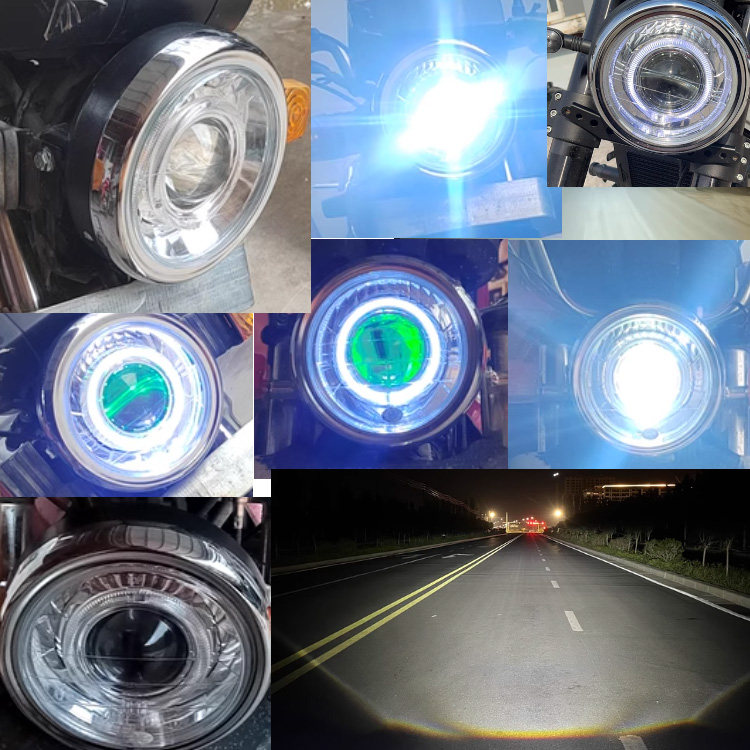 摩托车7寸圆灯大灯双光透镜总成氙气灯改装 Q5HID总成天使恶魔眼