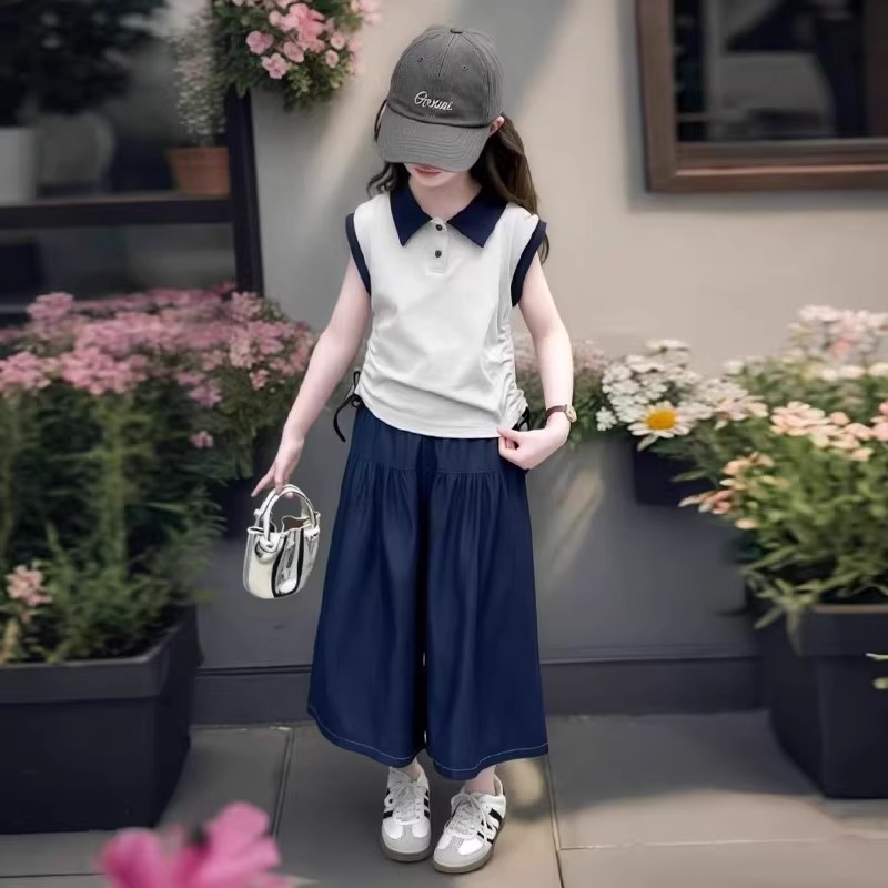 女童夏季Polo衫无袖套装2025新款女孩高级感牛仔阔腿裤儿童夏装潮
