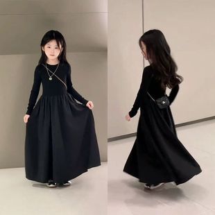 女童高级感长袖连衣裙2025春秋季新款儿童洋气赫本风小黑裙公主裙