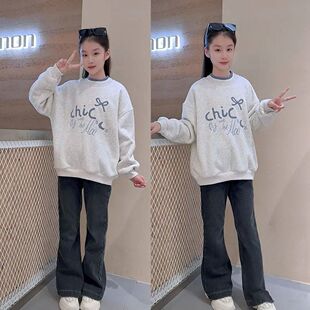 女童冬季加绒卫衣2026新款儿童韩版洋气中大童圆领假两件加厚上衣