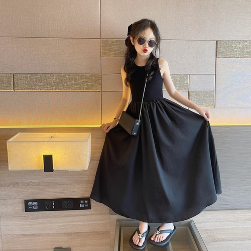 女童连衣裙夏季儿童小黑裙长裙夏装背心裙女大童洋气童装裙子夏款