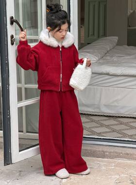 女童红色年服套装冬季2026新款洋气女孩两件套儿童加绒大毛领外套