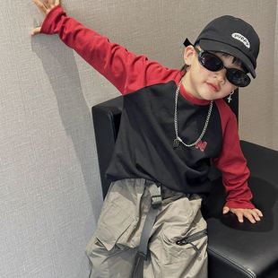 德绒韩版男童2026秋季新款潮酷黑红拼色卫衣中大童字母上衣打底衫