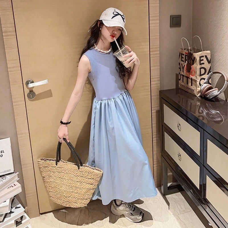 女童连衣裙夏季网红中大童法式赫本风公主裙小女孩学院风简约长裙